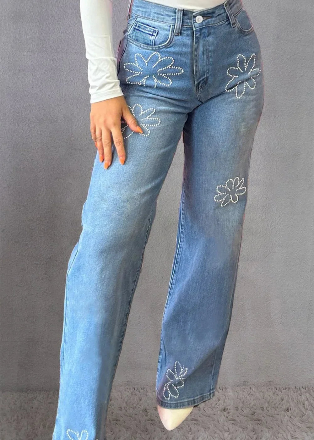 Rhinestone straight jeans with pockets