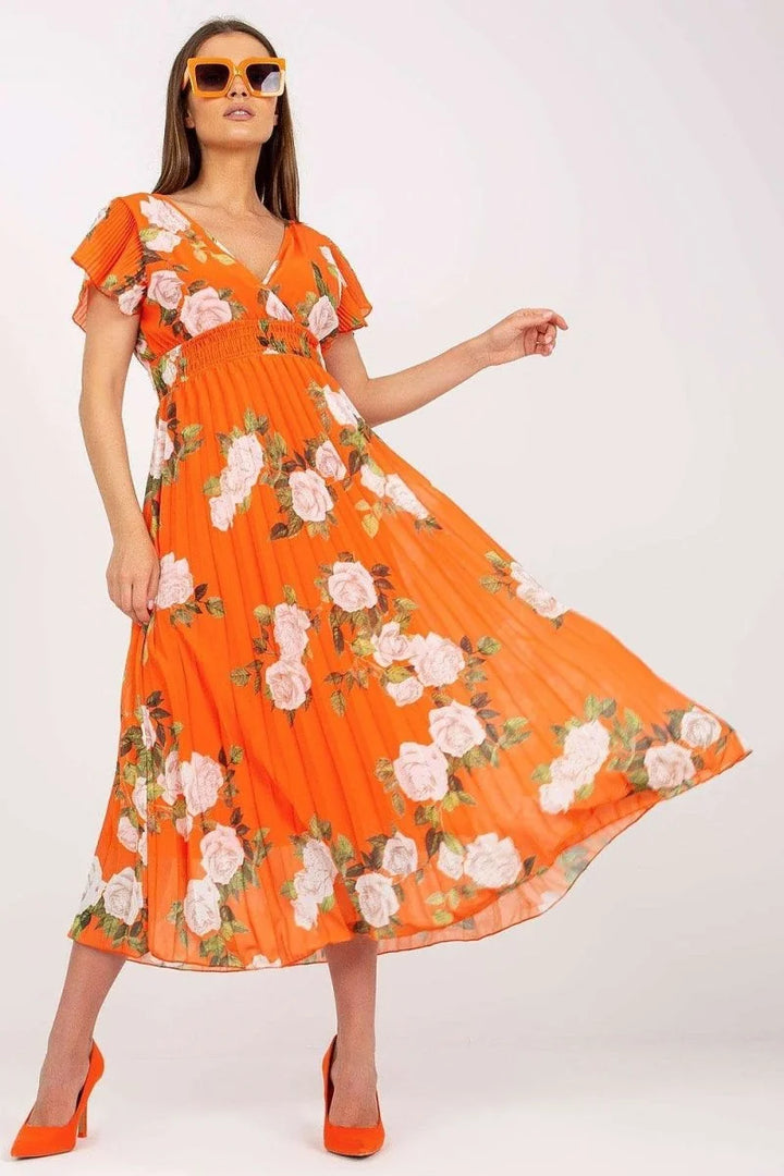 Orange frill sleeve envelope neck dress