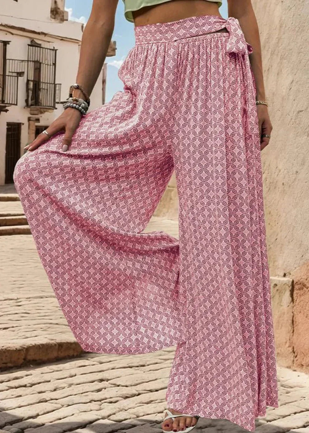 Pink printed wide-leg trousers