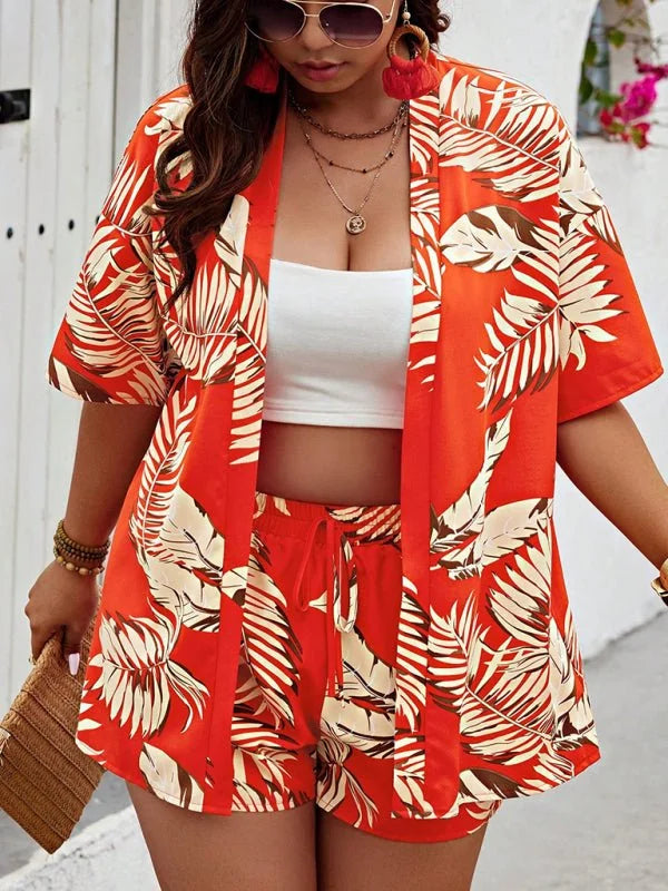 Red printed casual resort style cardigan shorts suit