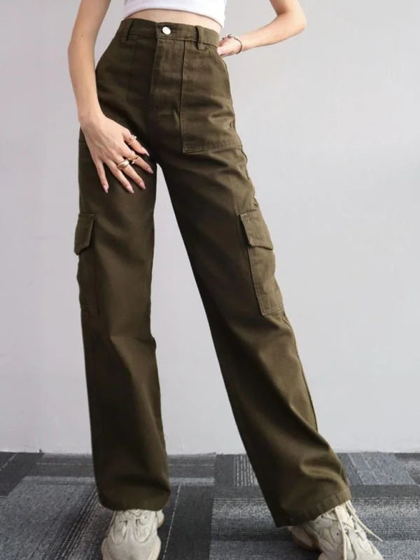 Olive green casual trousers with pockets and waist cinch