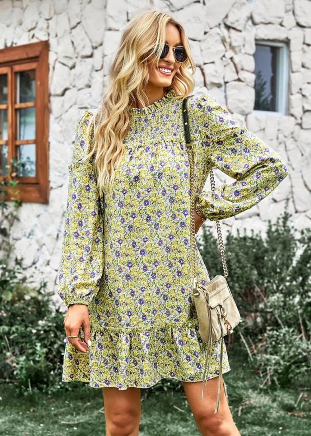 Cracker khaki floral print dress with long sleeves