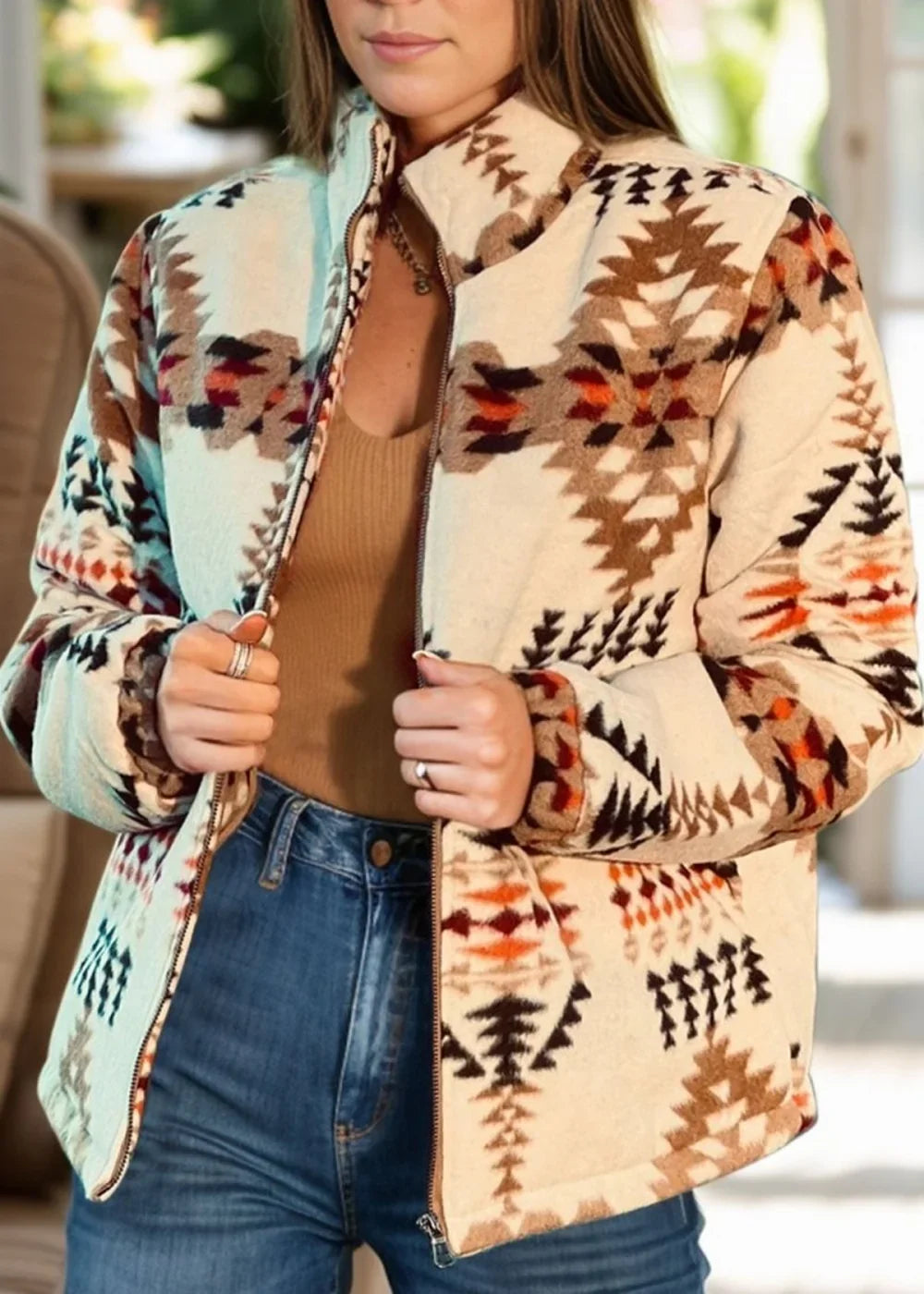 Eggshell zip up mock neck jacket with pockets