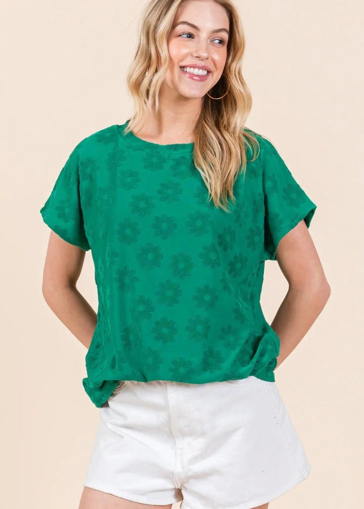 Green floral textured casual top