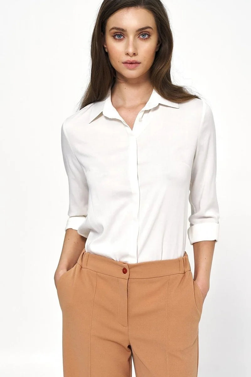 Beige long sleeve collared blouse