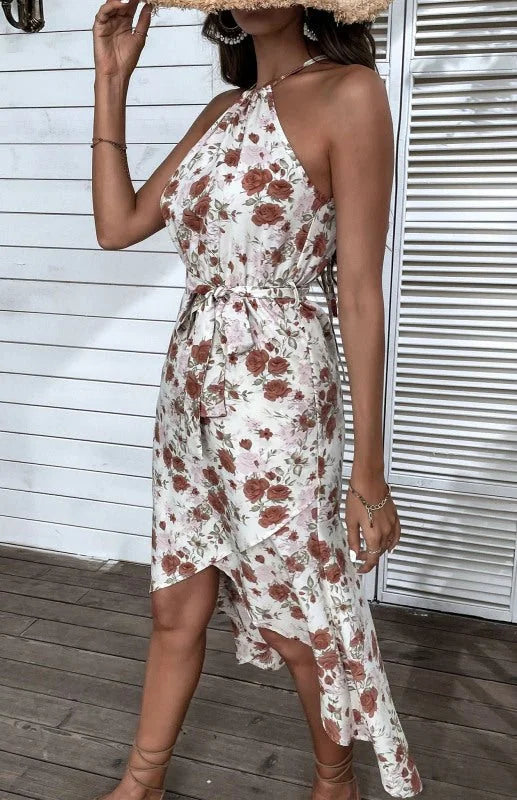White floral print halter neck vacation dress