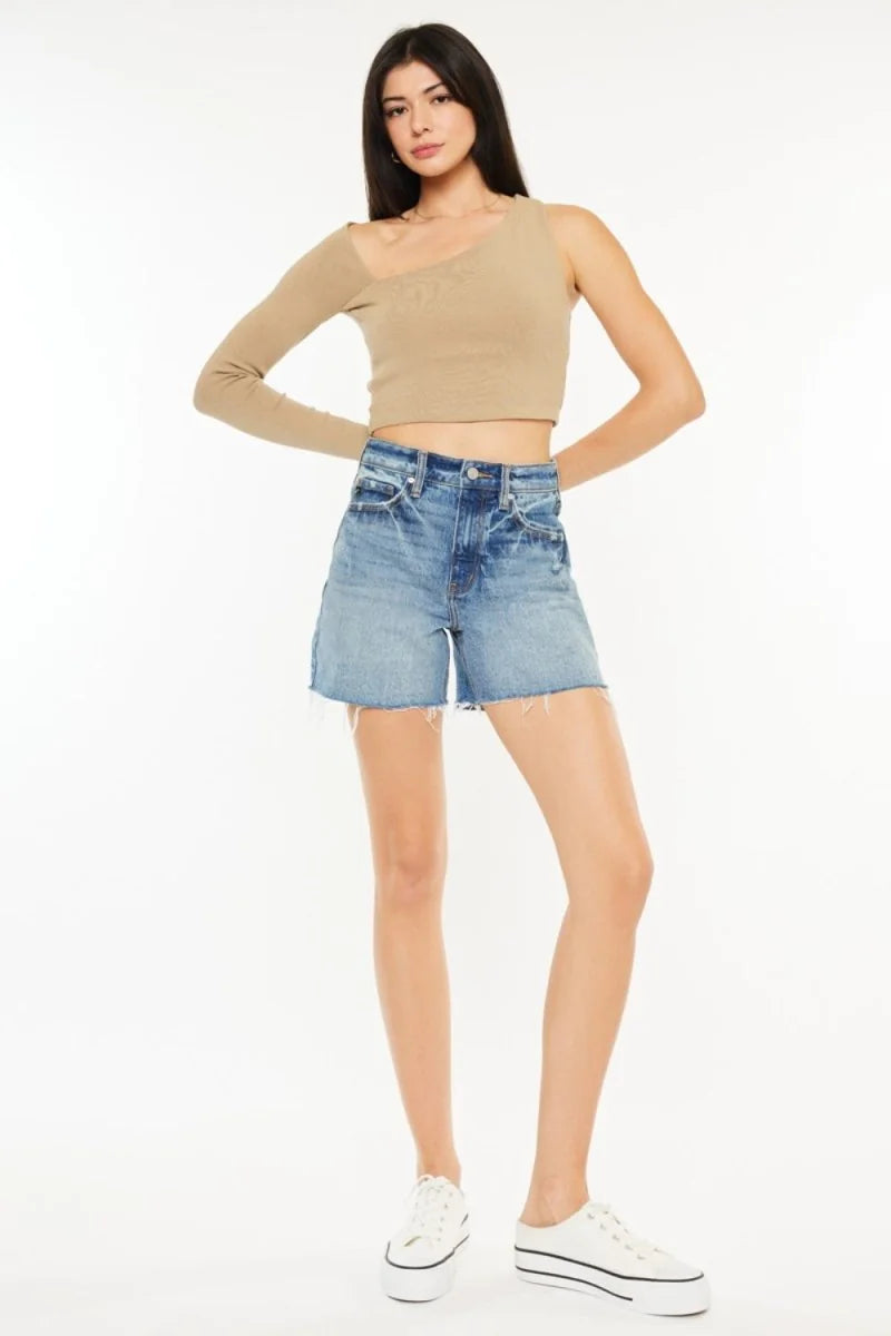 High waist raw hem denim shorts