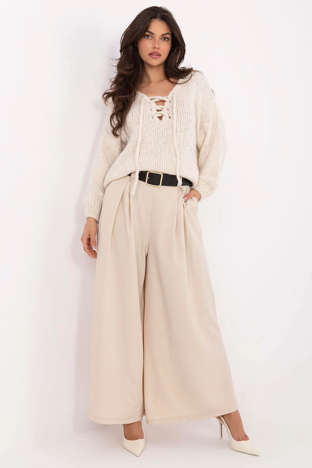Beige women's palazzo pants with belt