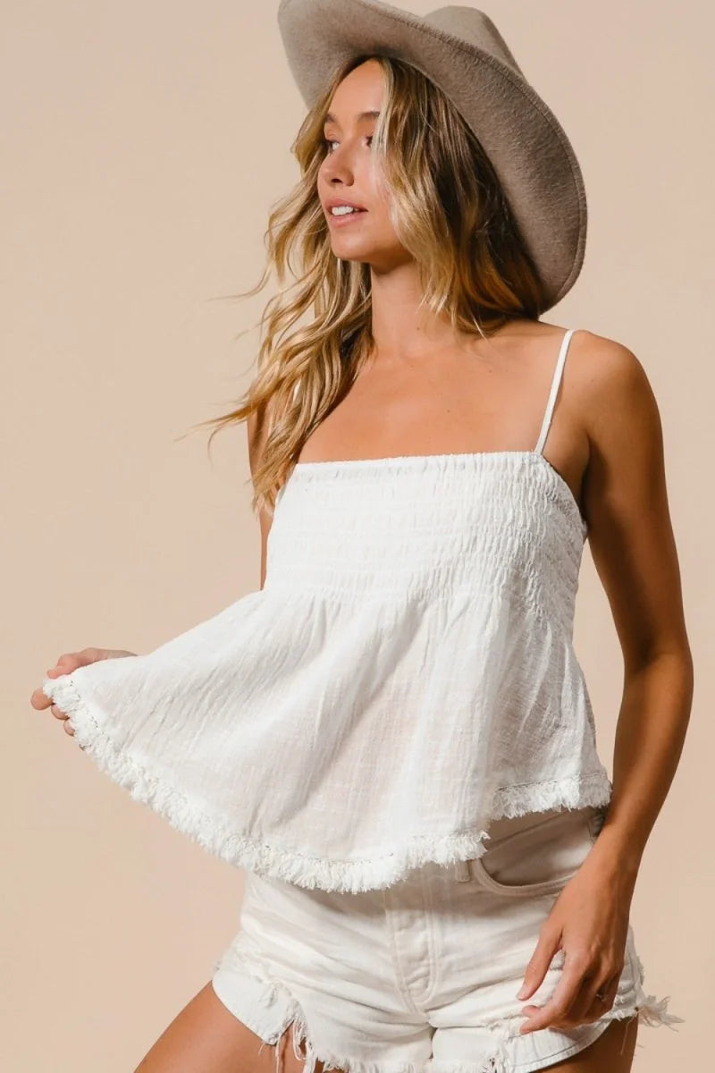 Off White Smocked Cami with Fringed Hem