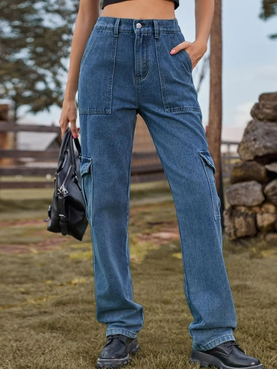 Medium wash high waist cargo jeans