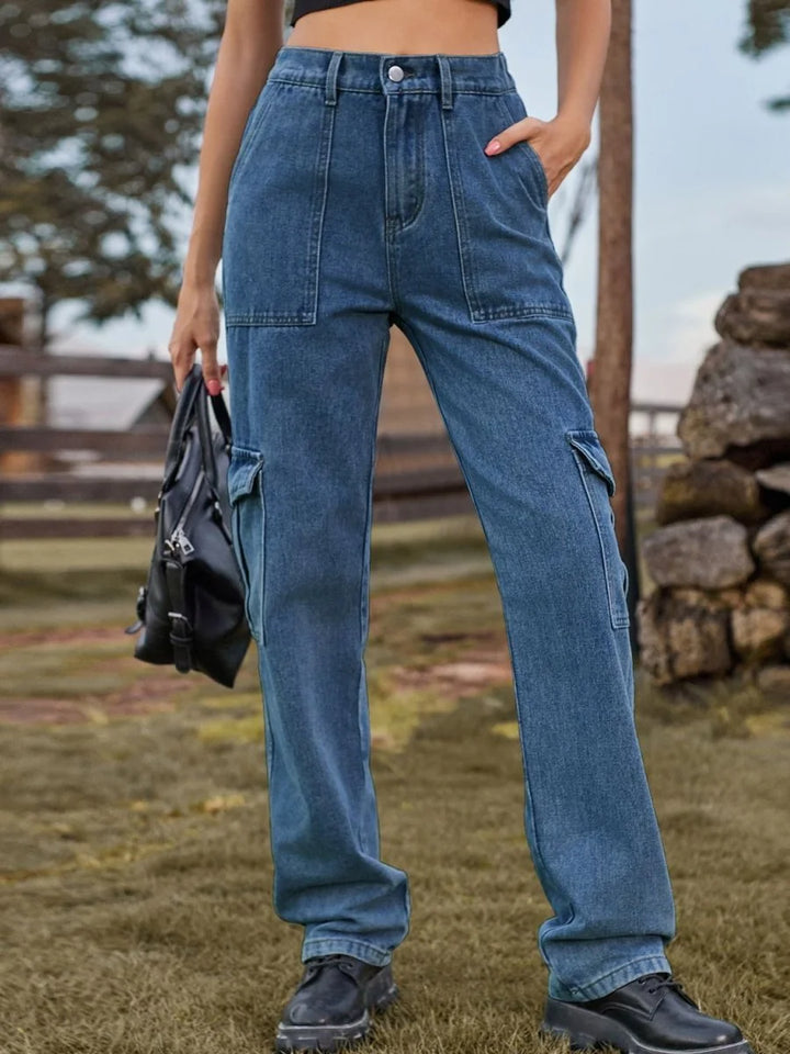 Medium wash high waist cargo jeans