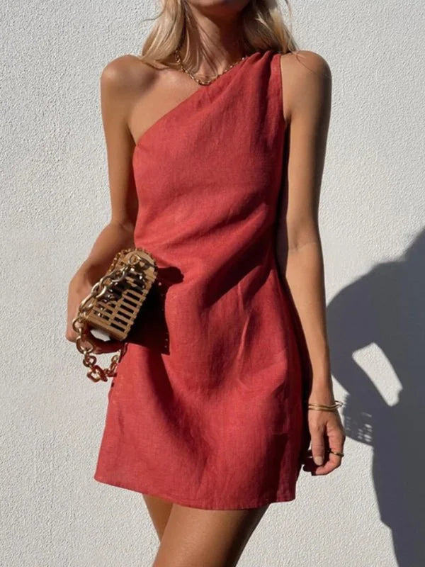 Red sloping shoulder casual dress