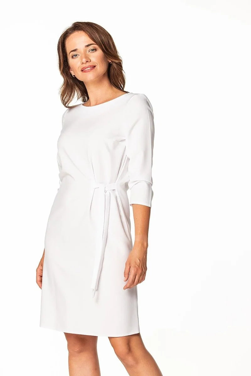 White midi dress with tie waist and 3/4 sleeves