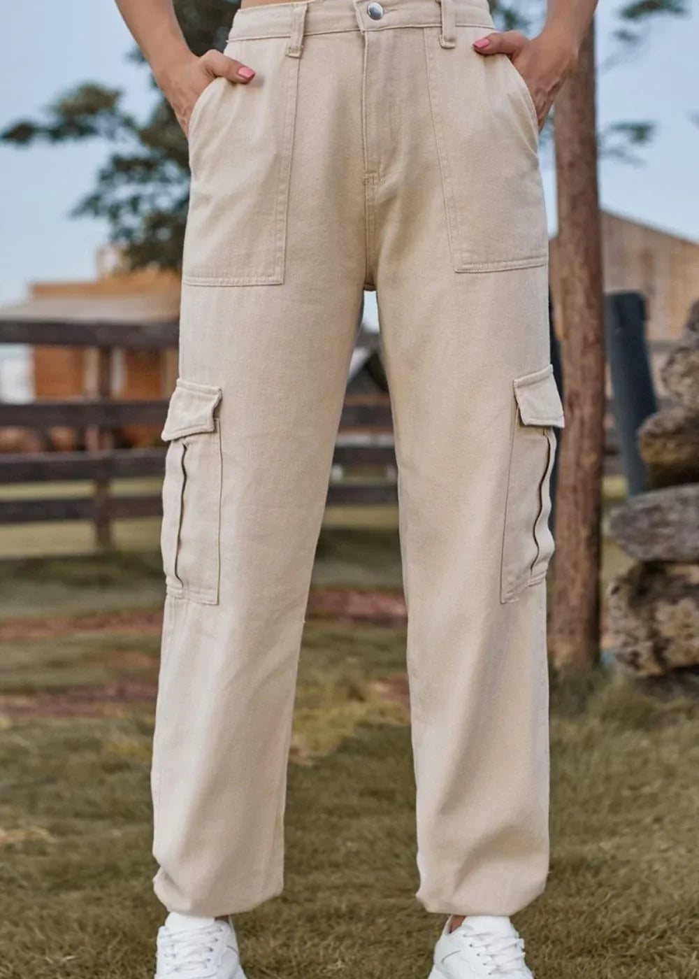 Tan long jeans with pockets
