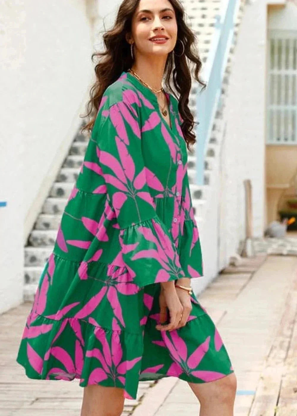 Green floral print bell sleeve vacation dress