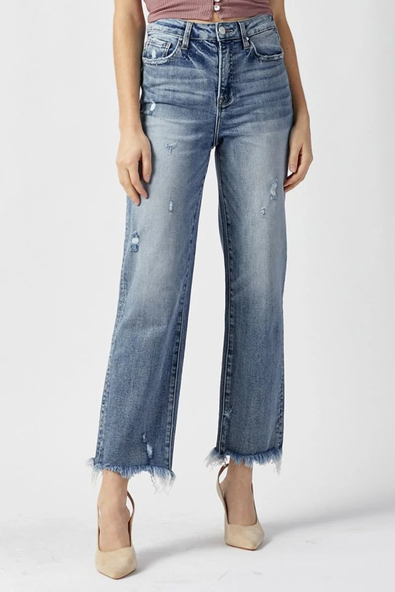 Light wash high waist raw hem straight jeans