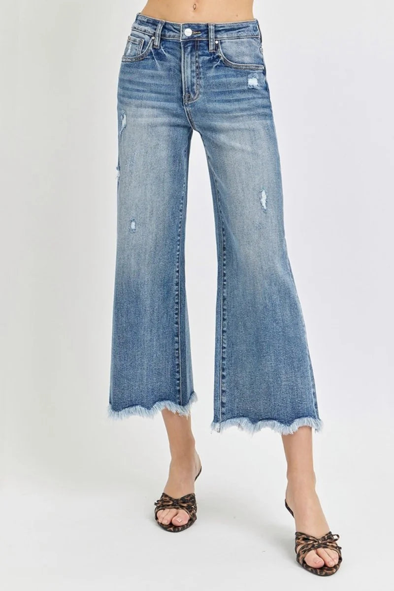 Risen High Rise Cropped Flare Jeans in dark wash