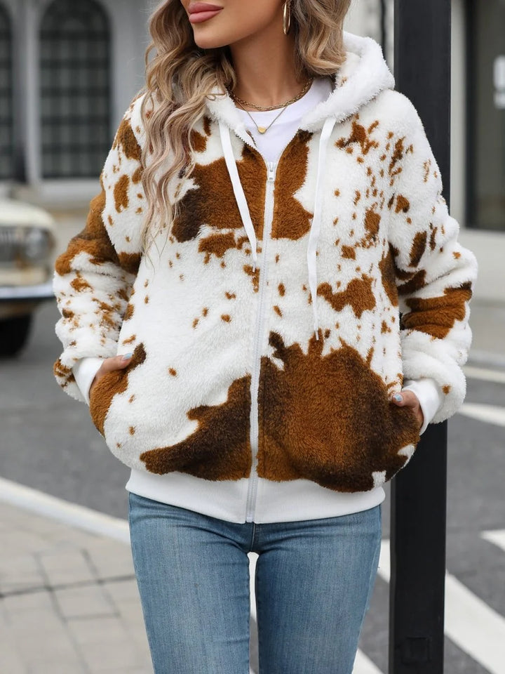 Brown fuzzy zip-up hooded jacket