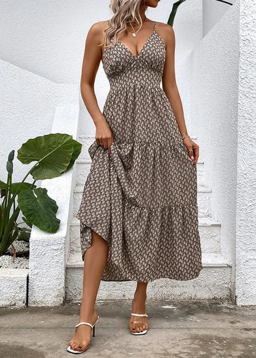 Khaki V-neck suspender dress with print