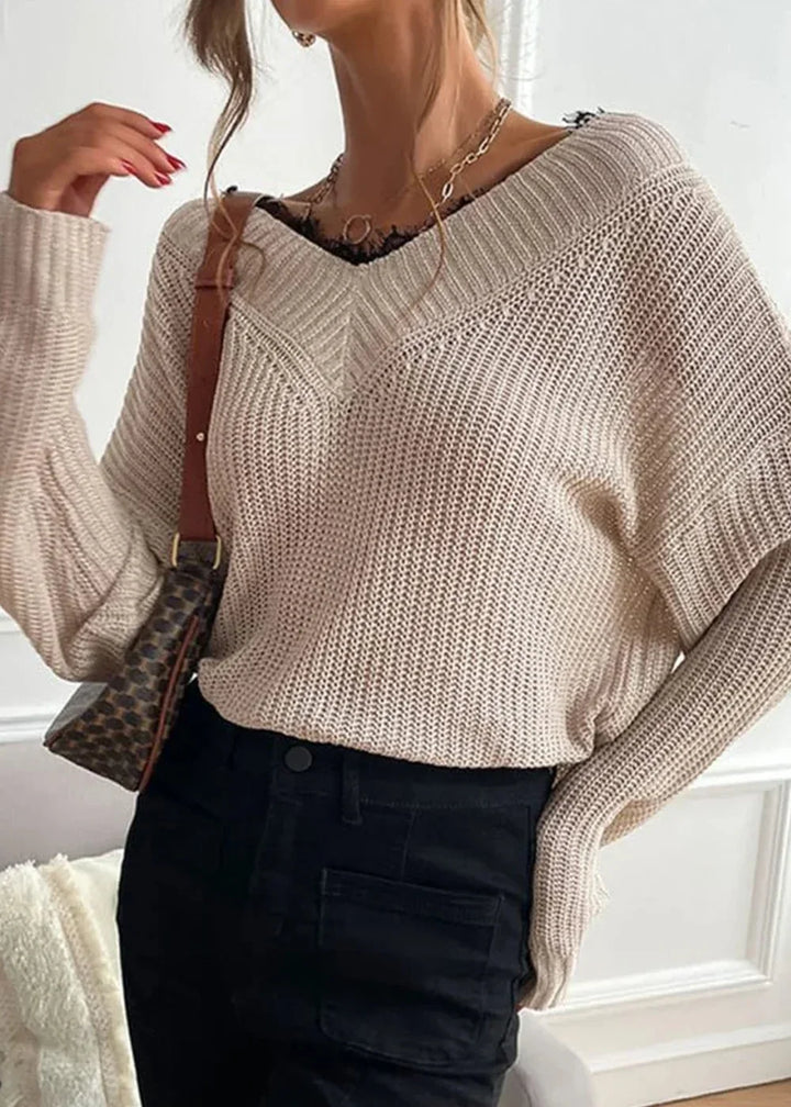 Cracker khaki women's knit sweater with lace detail