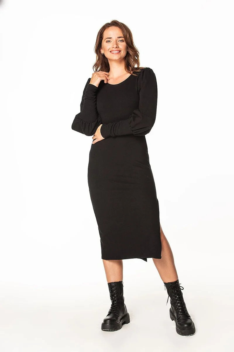 Black knitted midi dress with boat neckline