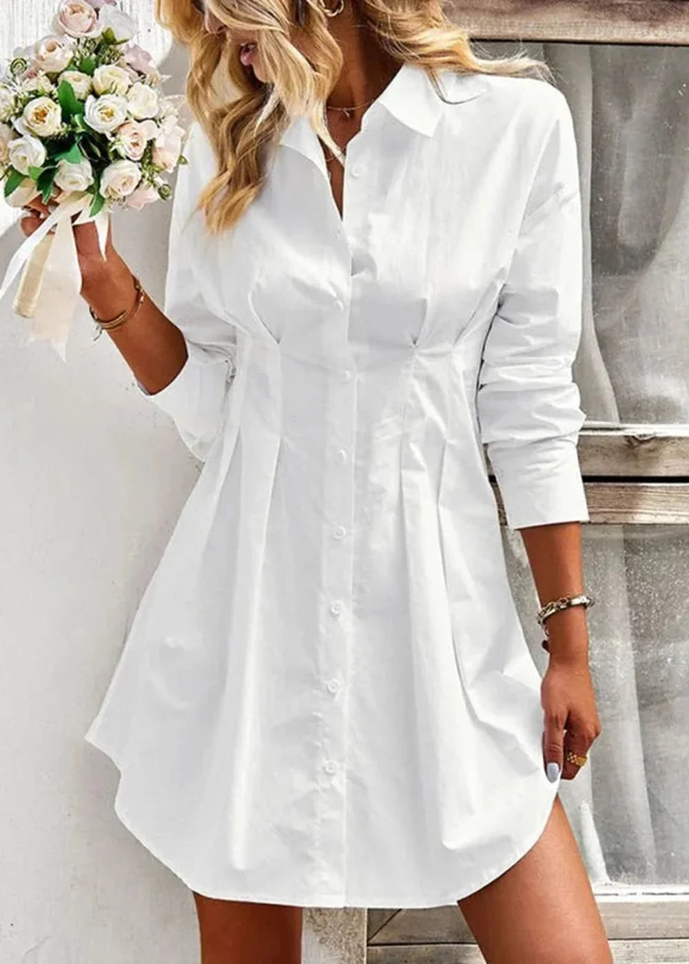 White women's solid color shirt dress