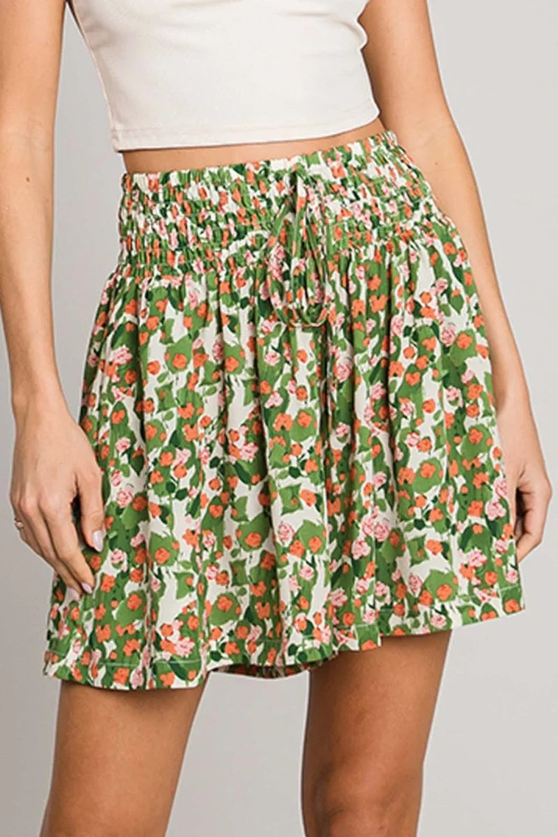 Green floral printed skorts with smocked waist