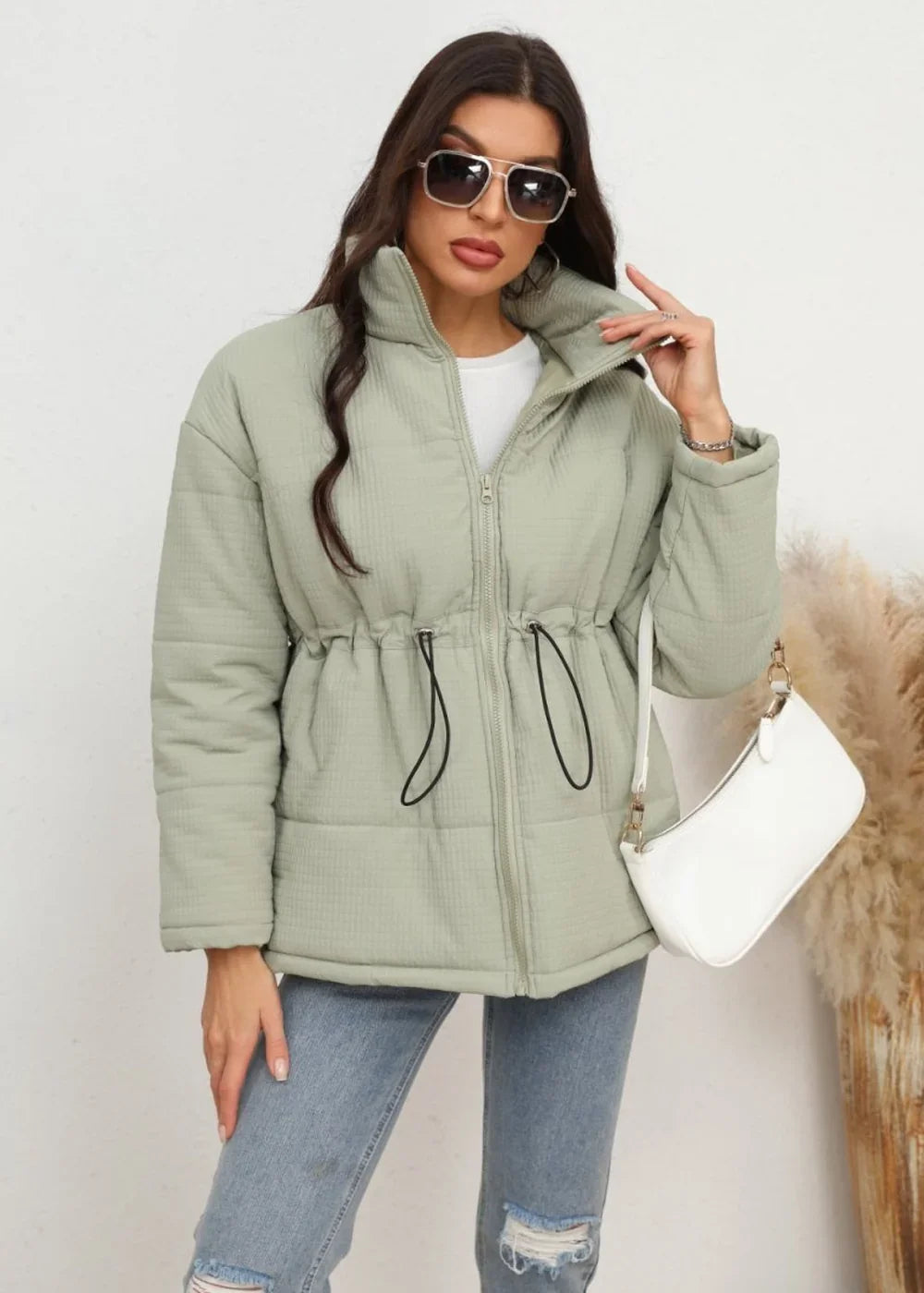 Light green drawstring waist zip-up puffer jacket