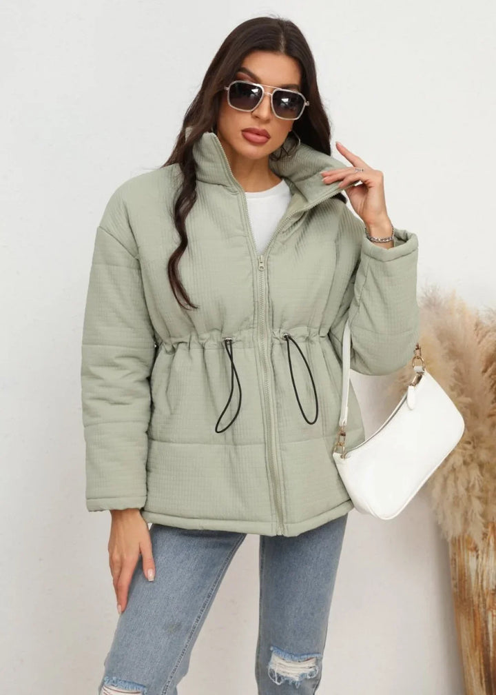 Light green drawstring waist zip-up puffer jacket