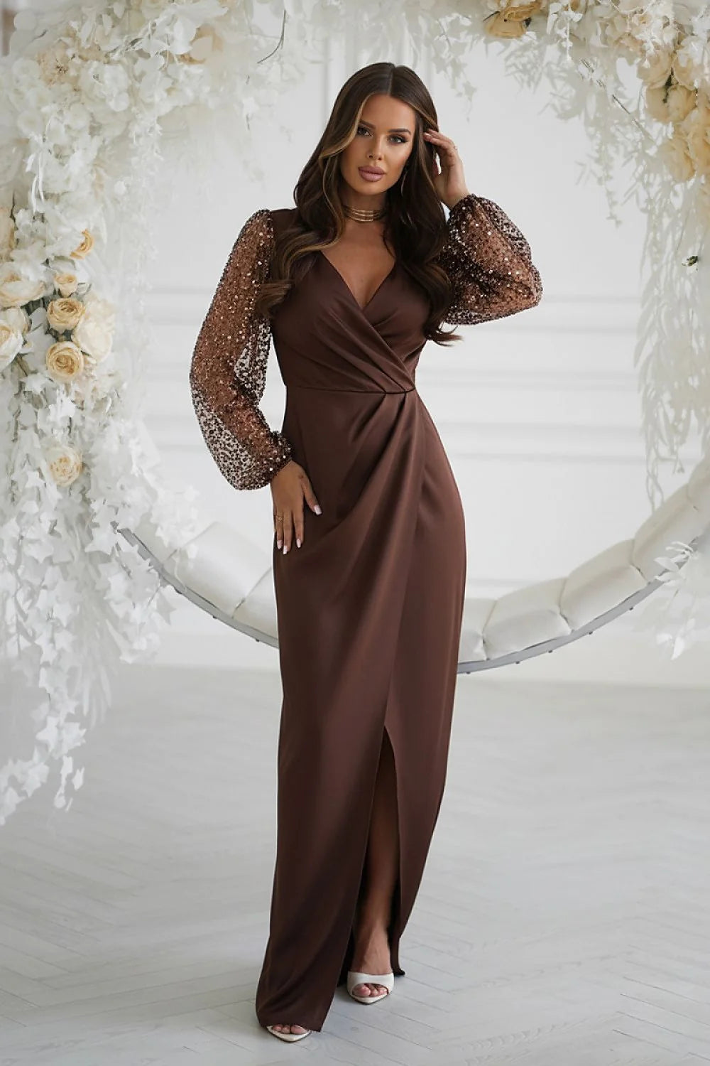 Brown long dress with sequin sleeves and leg slit