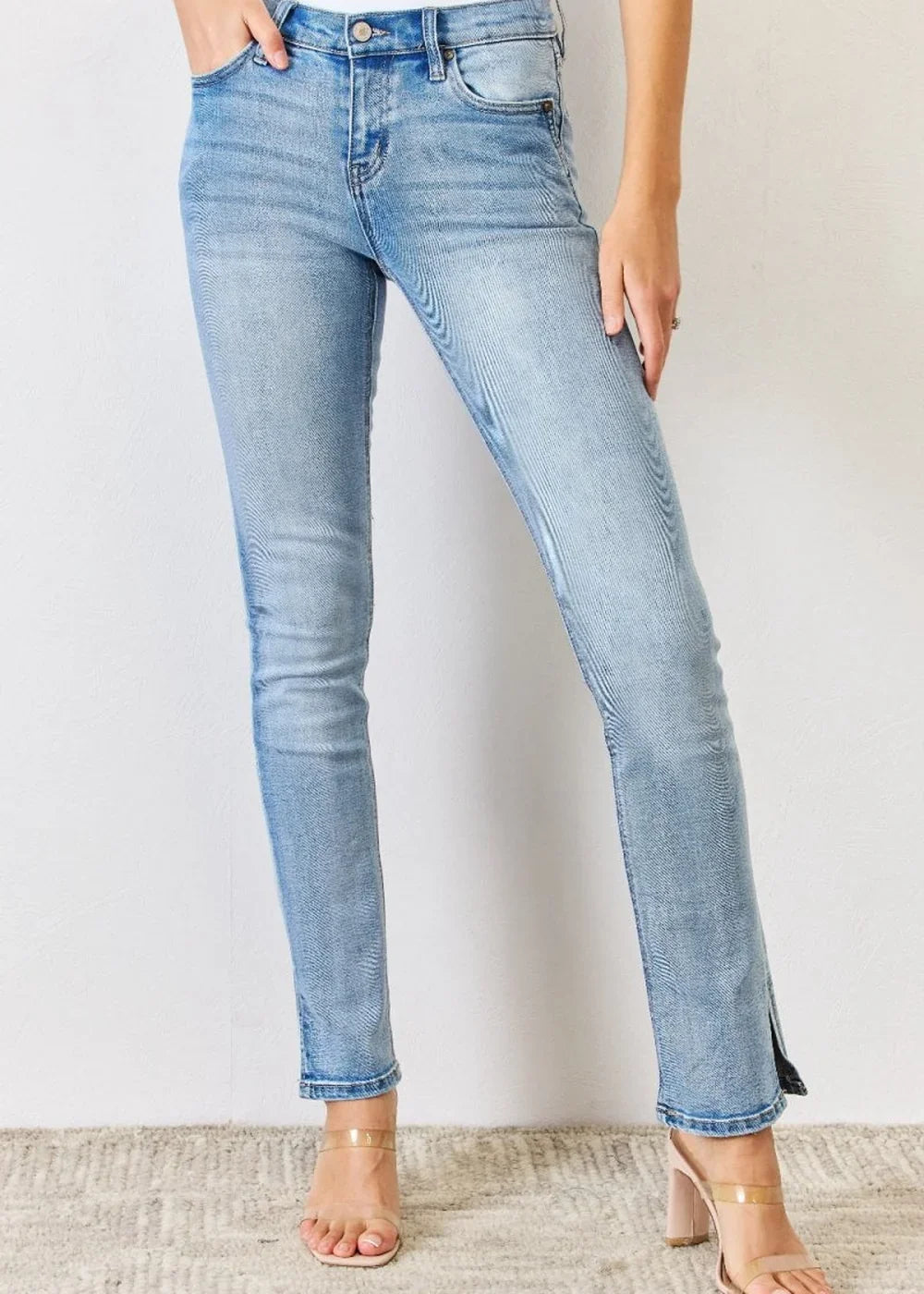 Navy distressed raw hem jeans with pockets