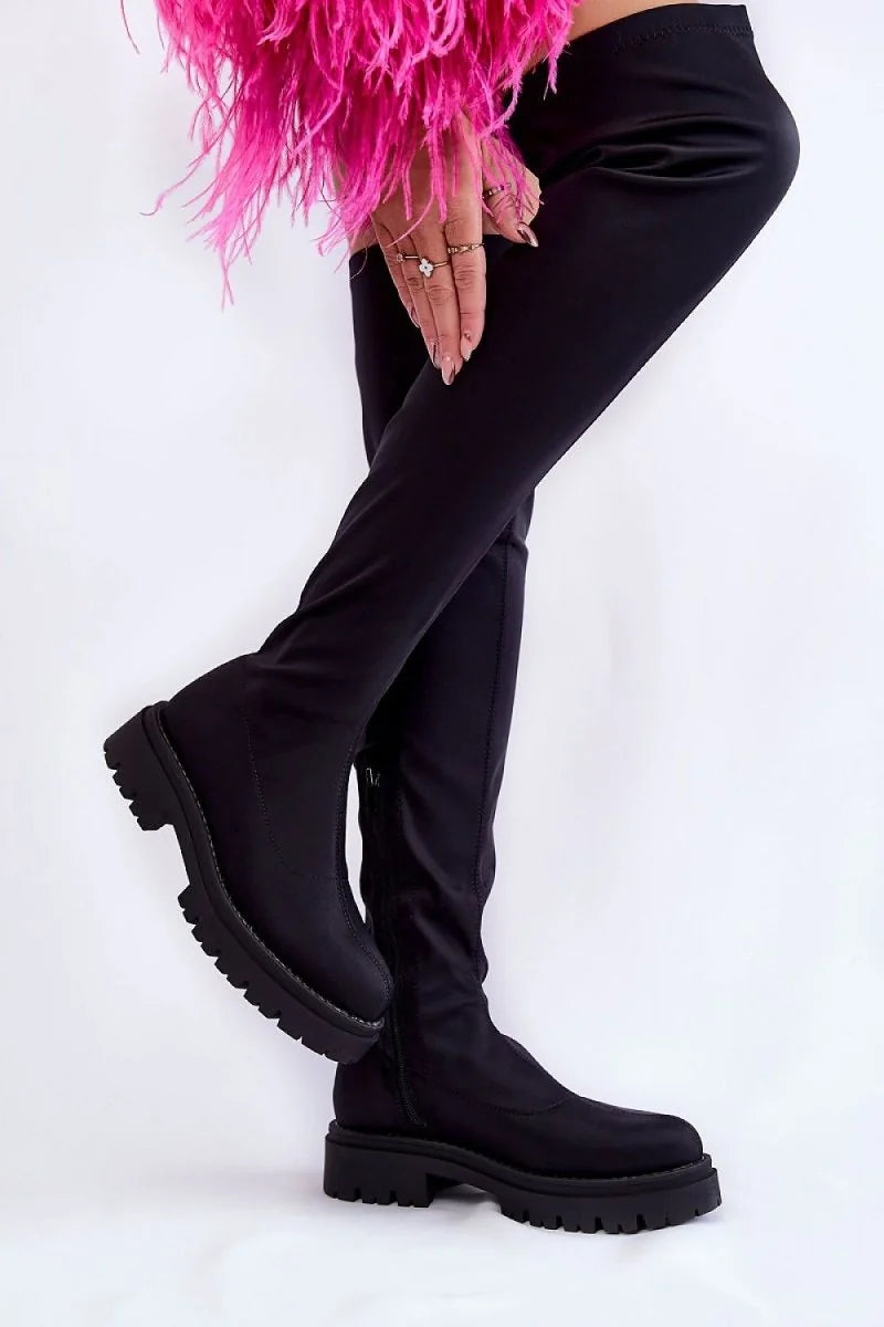 Textile Thigh-High Boots with Zipper and Platform