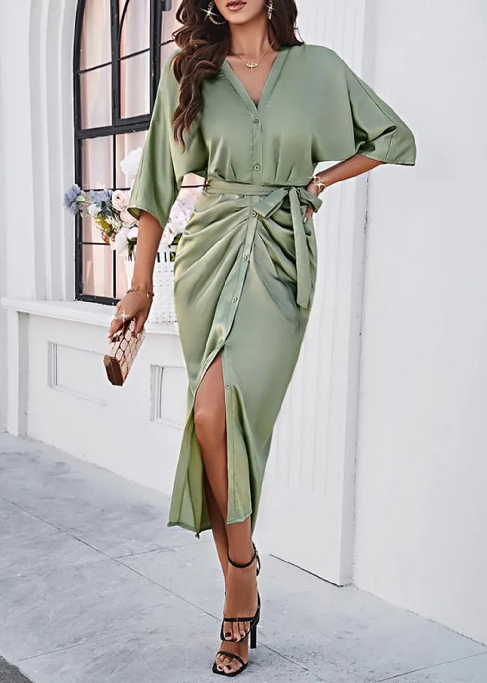 Green solid color waist-cinching dress