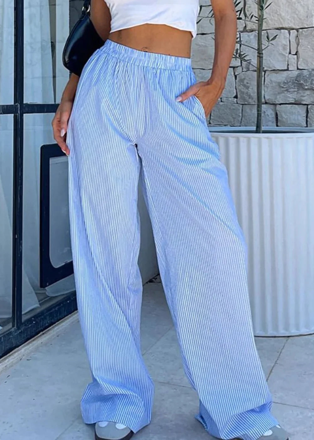 Blue striped wide-leg trousers
