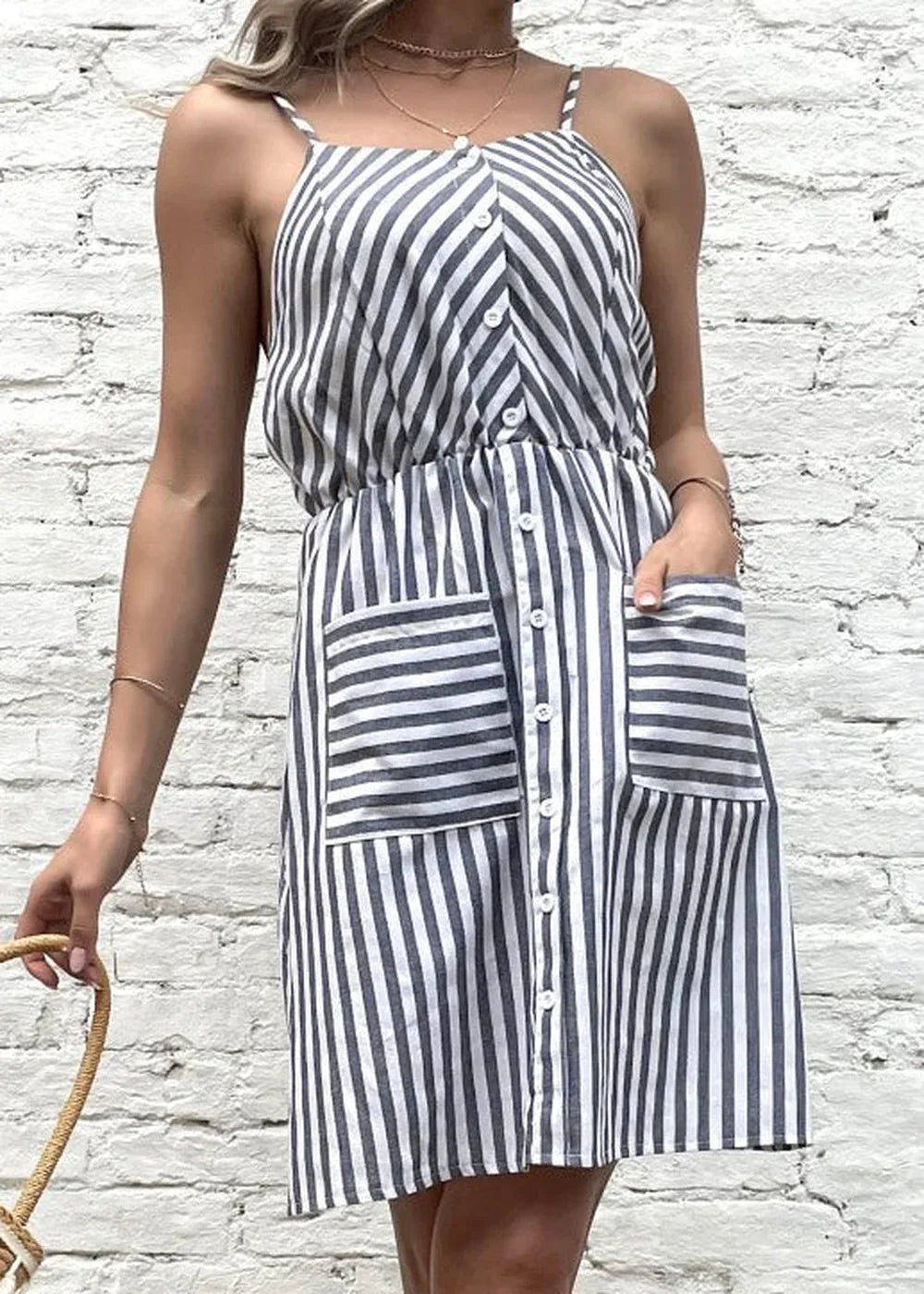 Women's grey striped cotton linen slip dress