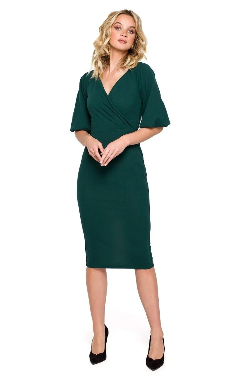 Green evening dress with envelope neckline