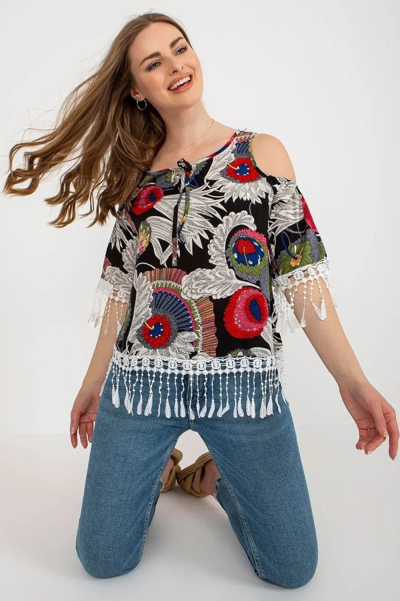 Black printed blouse with tassel detail