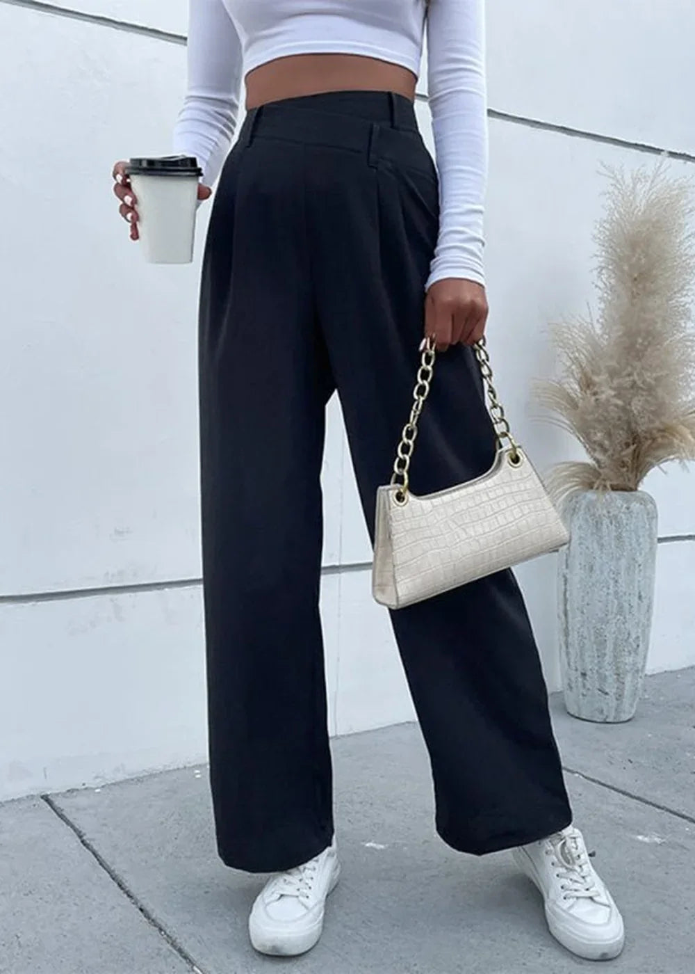 Black women's casual pants with a solid color and comfortable waist