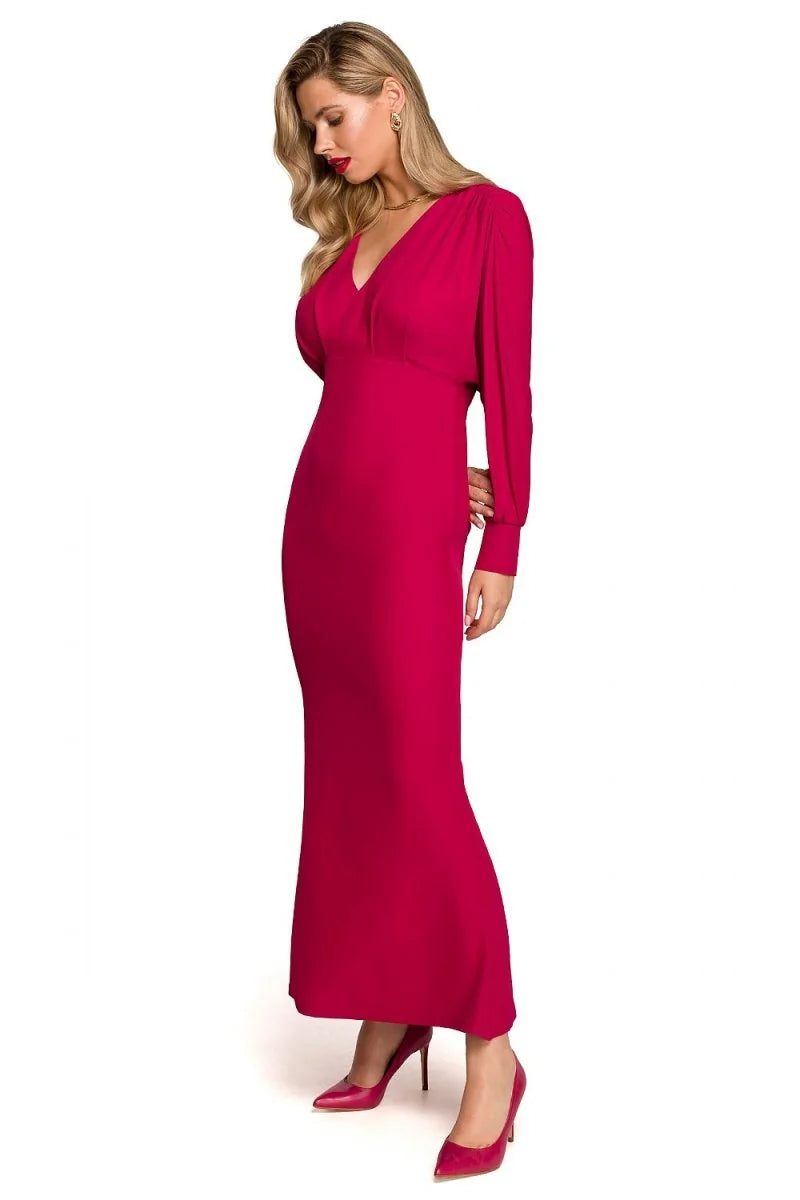 Violet maxi cocktail dress with deep V-neck and cuffed sleeves