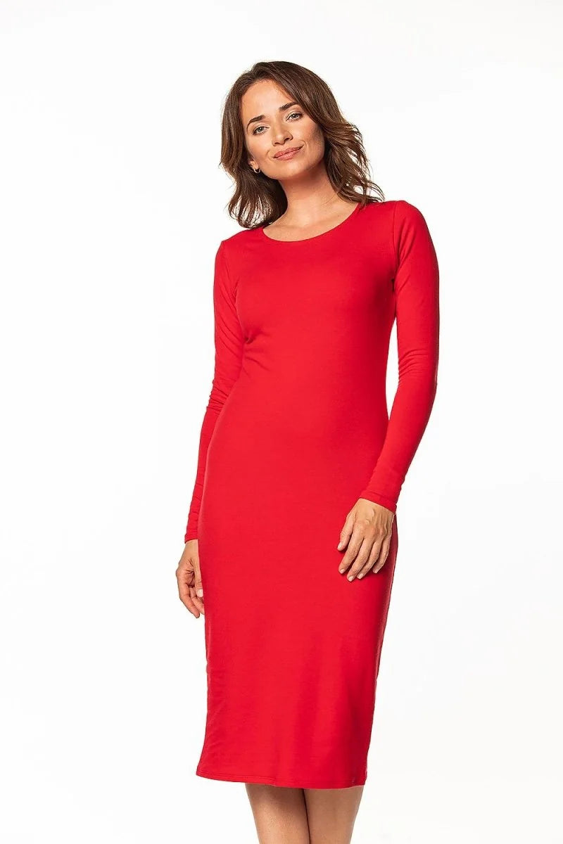 Red cotton knit day dress