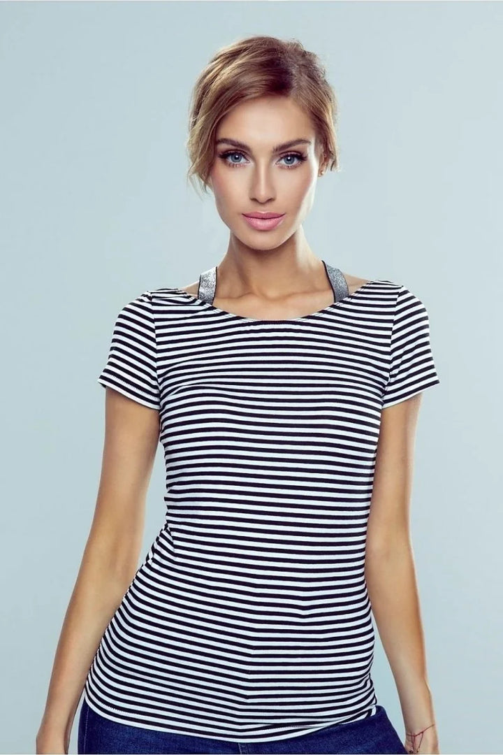 White and black striped blouse with silver shoulder straps