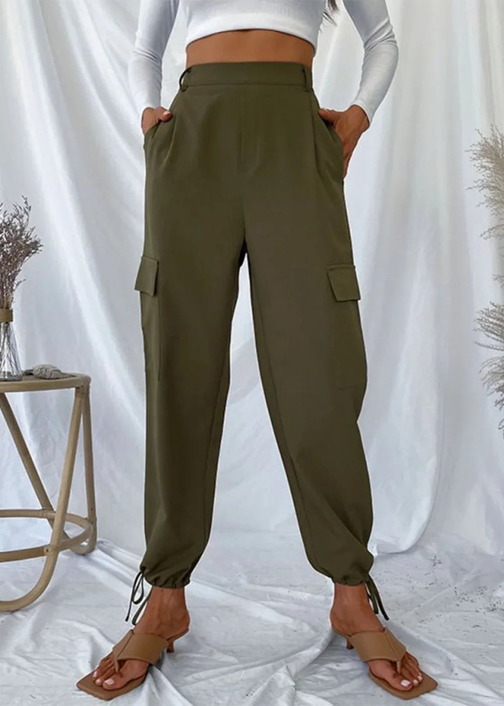 Women's olive green solid color casual trousers