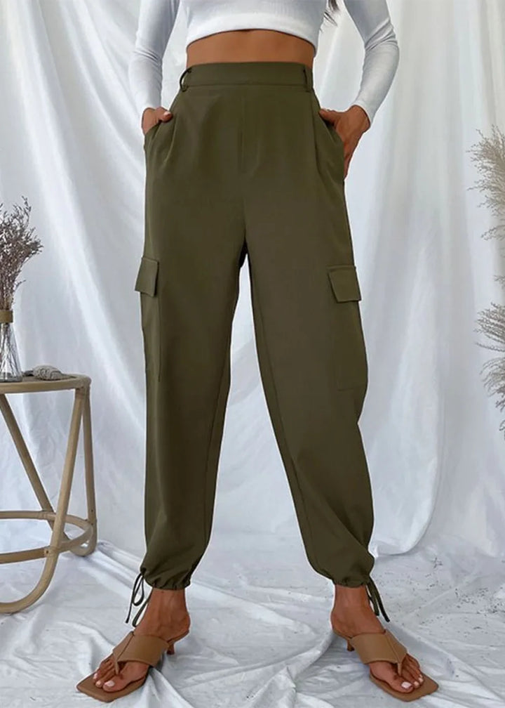 Women's olive green solid color casual trousers