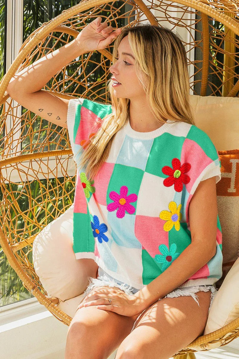 BiBi Flower Patch Checkered Sweater Vest in Jade/Lt Blue/Pink