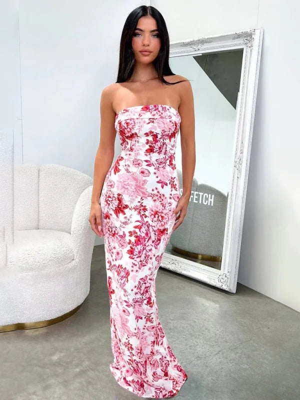 Red strapless slit long dress