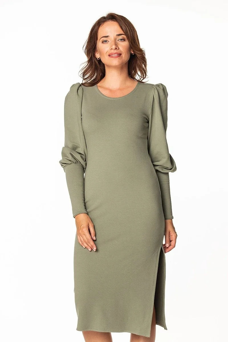 Green knitted midi dress with boat neckline