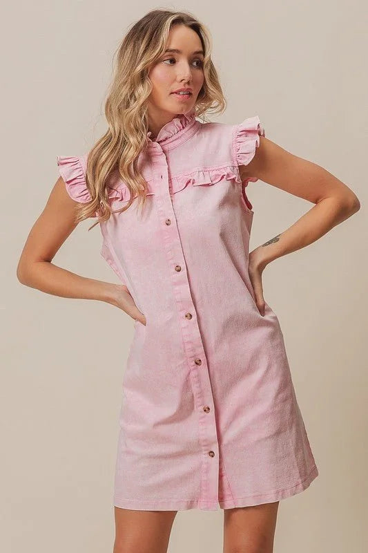 BiBi Washed Button Down Ruffled Cap Sleeve Denim Dress