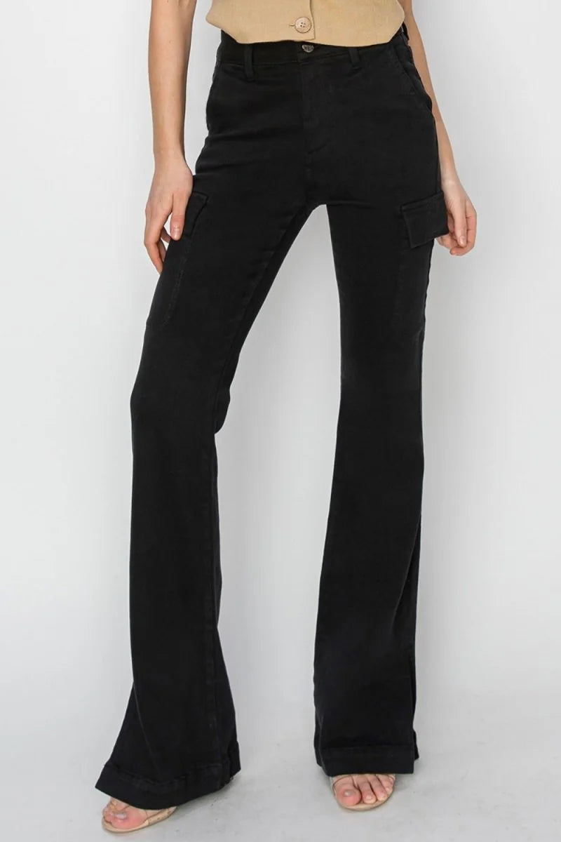 Black high rise cargo bootcut jeans with side slit