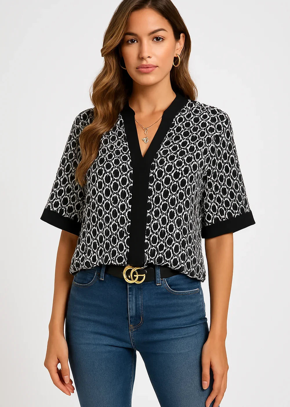 Black printed short sleeve commuter top