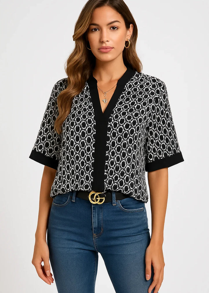 Black printed short sleeve commuter top